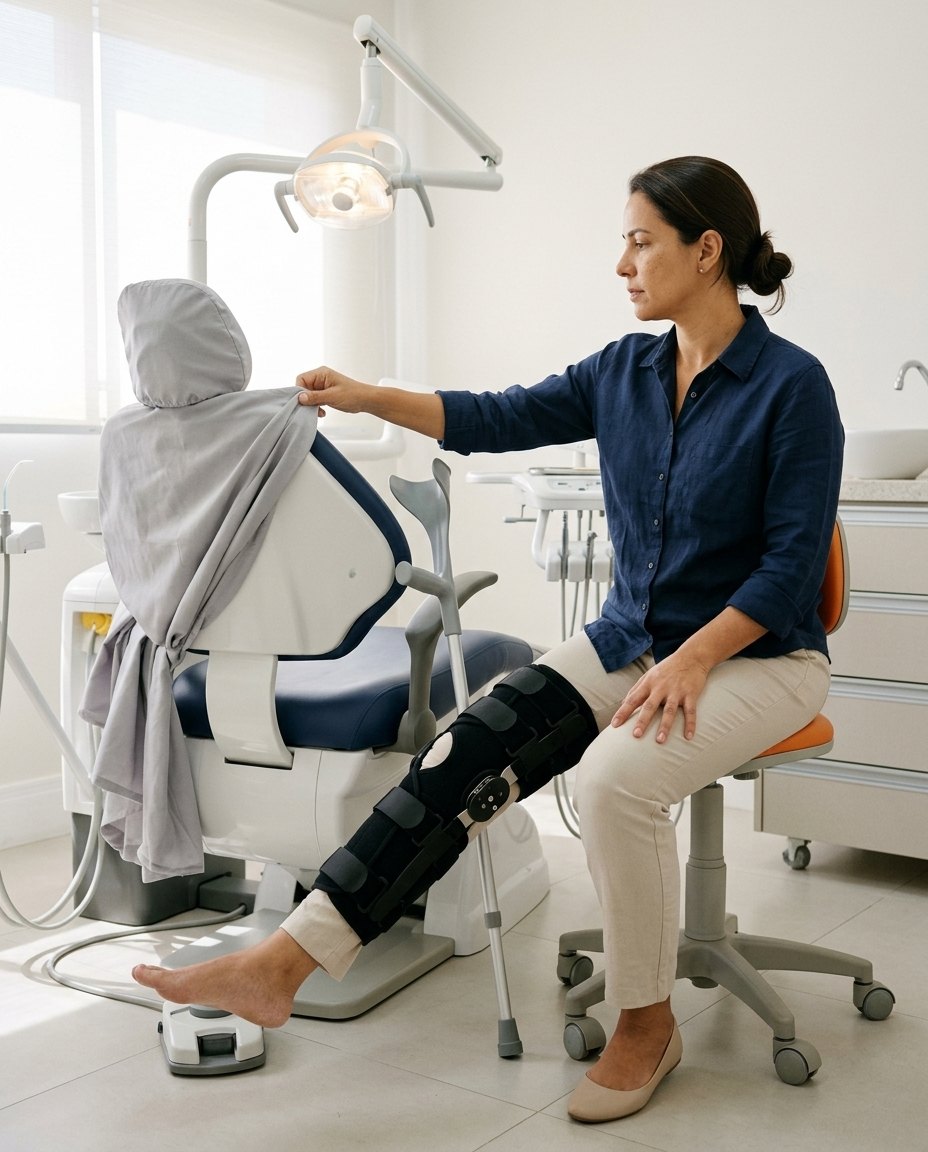 Dentista sentada no mocho do próprio consultório, com o imobilizador articulado na perna esquerda estendida e a muleta encostada na cadeira, puxa a capa cinza que cobria a cadeira odontológica; o refletor está aceso.