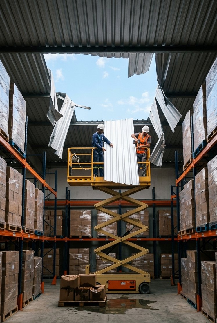 Dois telhadistas numa plataforma elevatória trabalham com uma telha nova junto ao trecho do telhado do galpão arrancado pelo vendaval, entre estantes de paletes da distribuidora.