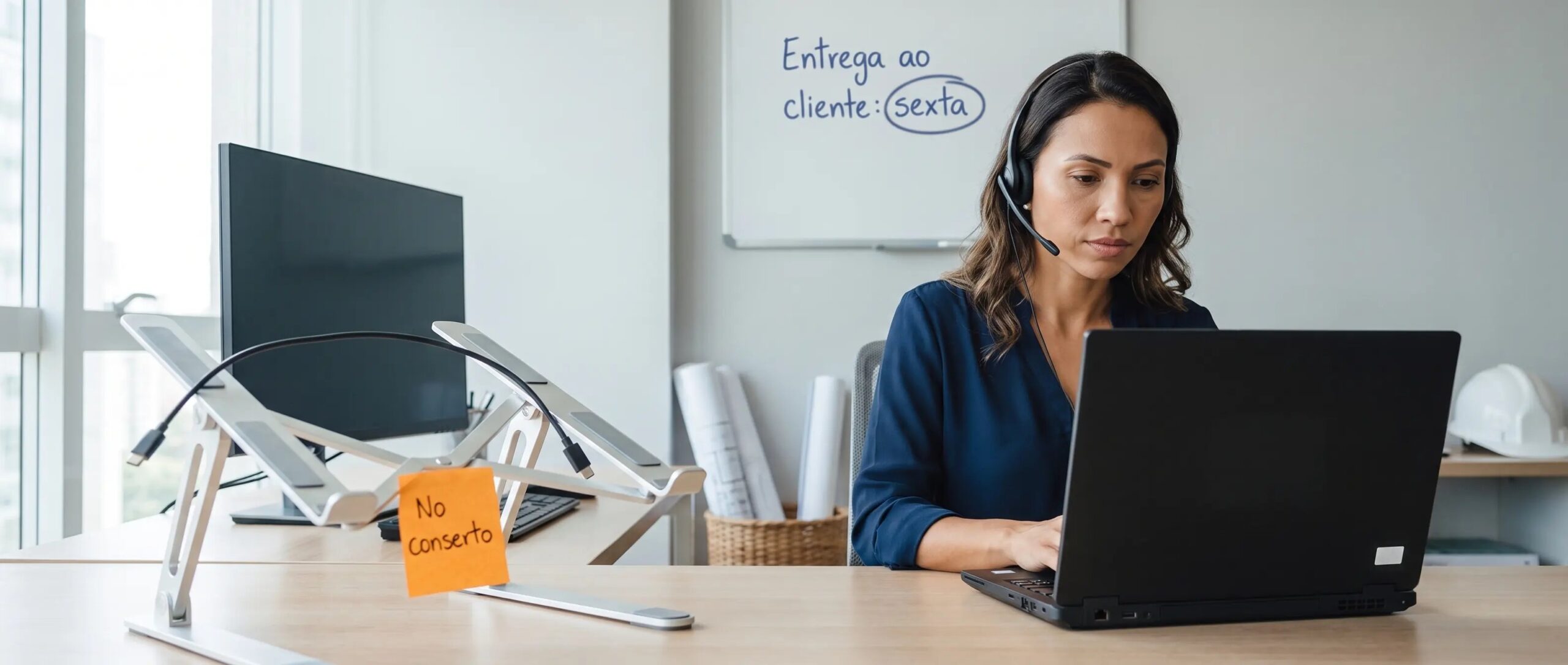 Engenheira de fone trabalha num notebook preto alugado ao lado do suporte vazio do seu, marcado com o bilhete “No conserto”, diante do quadro com “Entrega ao cliente: sexta”.