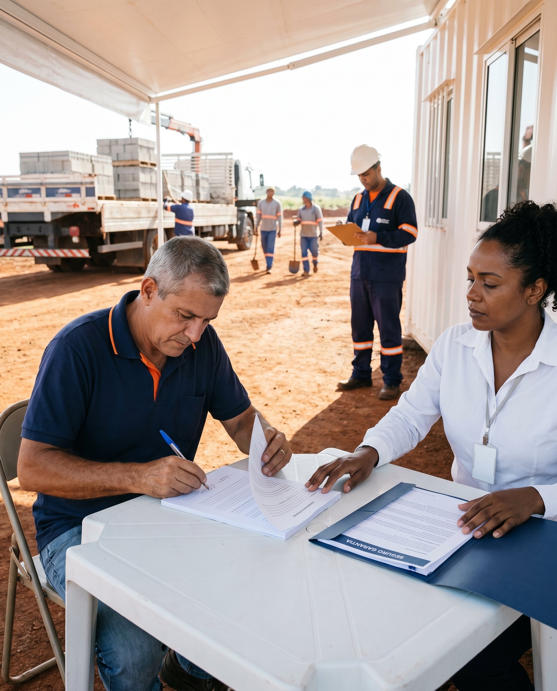 Dono de construtora assina o contrato de uma obra pública numa mesa no terreno, ao lado da pasta com a apólice de seguro garantia, enquanto o caminhão descarrega blocos e a equipe chega para começar.