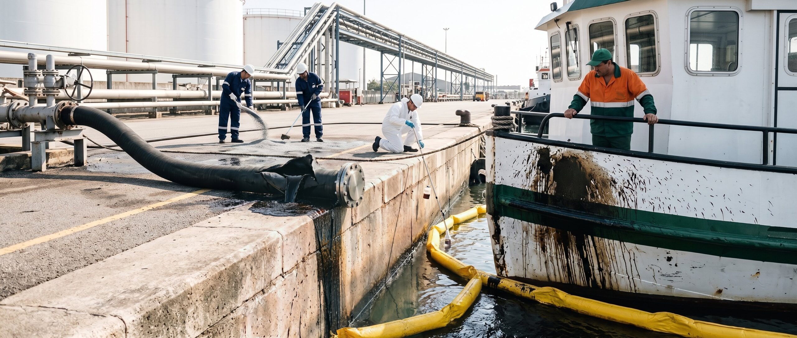 Óleo vaza do rasgo de um mangote fechado por flange na borda do cais, escorre pelo muro até a água e mancha o casco de um rebocador, enquanto a barreira amarela cerca a área e a equipe do terminal faz a limpeza.