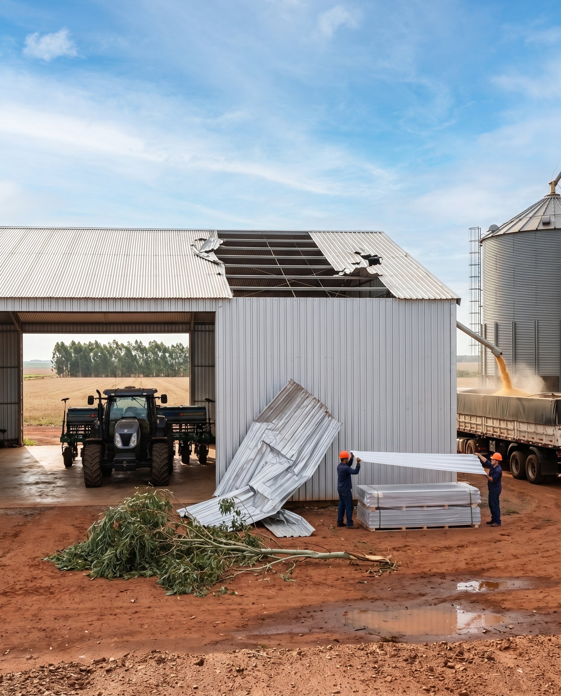 Galpão de máquinas de uma fazenda com parte do telhado arrancada pelo vento, uma chapa retorcida e um galho caídos no pátio, funcionários erguendo chapas novas e o silo carregando um caminhão de grãos.