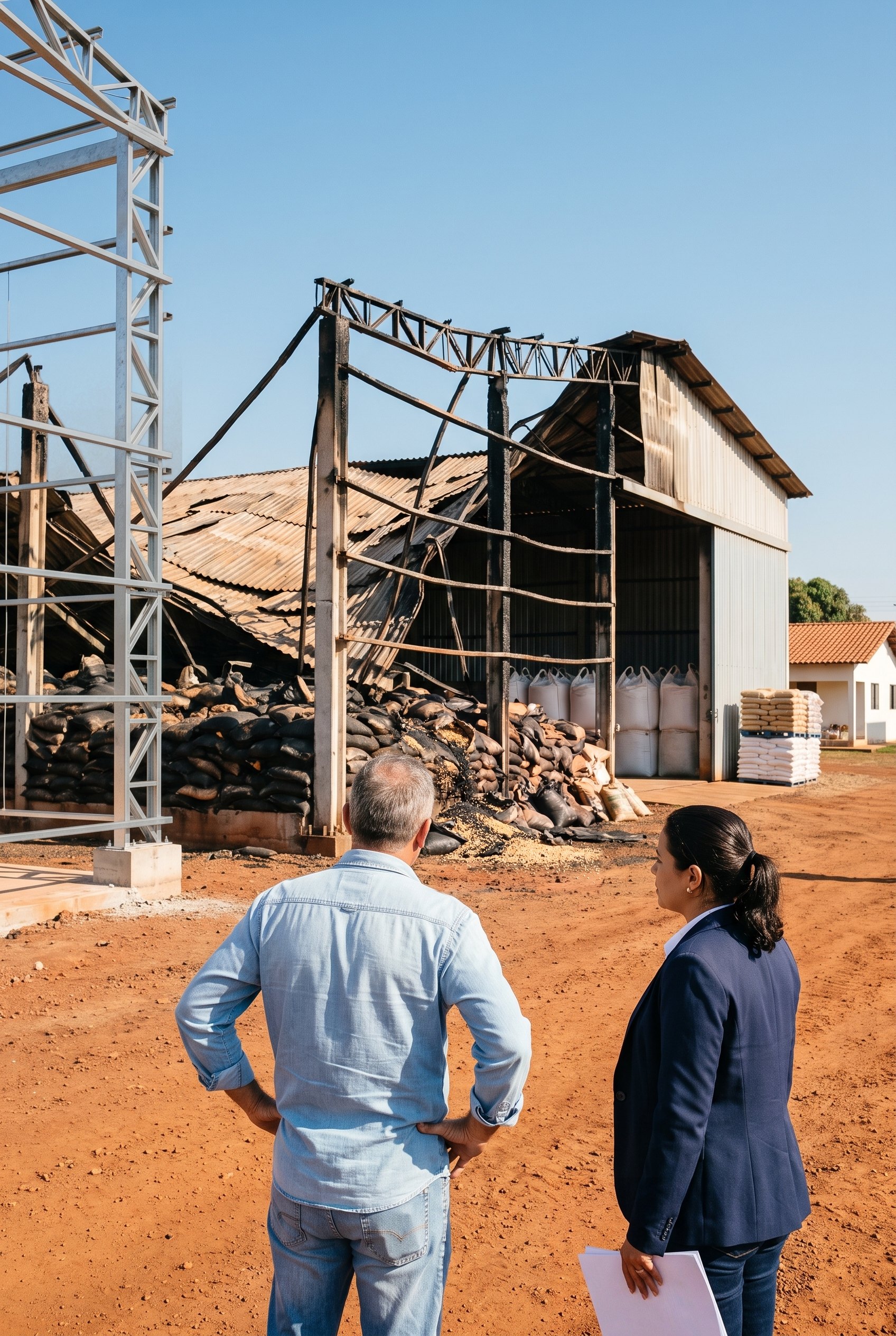 Produtor rural e uma corretora, de costas, olham a ponta do armazém da fazenda destruída pelo fogo, com o telhado caído sobre os sacos queimados, ao lado da estrutura nova já erguida e do estoque intacto.