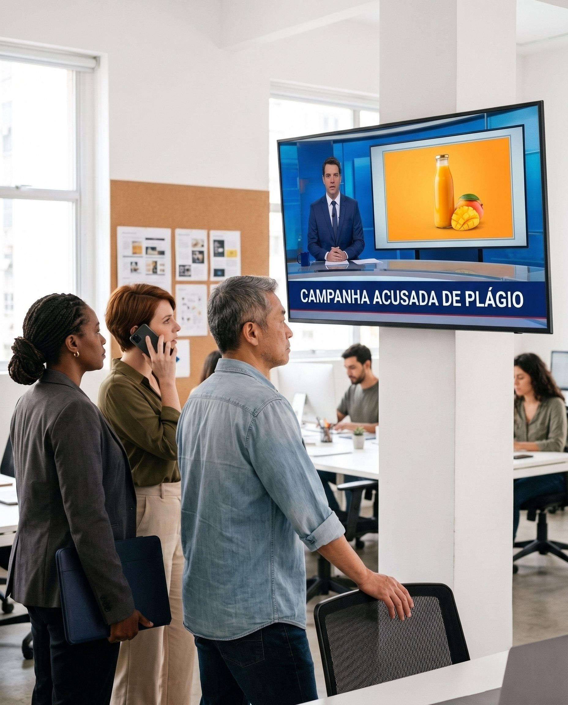 Dono de uma agência assiste de pé, com a assessora de imprensa ao telefone e a advogada ao lado, ao telejornal que noticia "Campanha acusada de plágio", enquanto a equipe trabalha ao fundo.