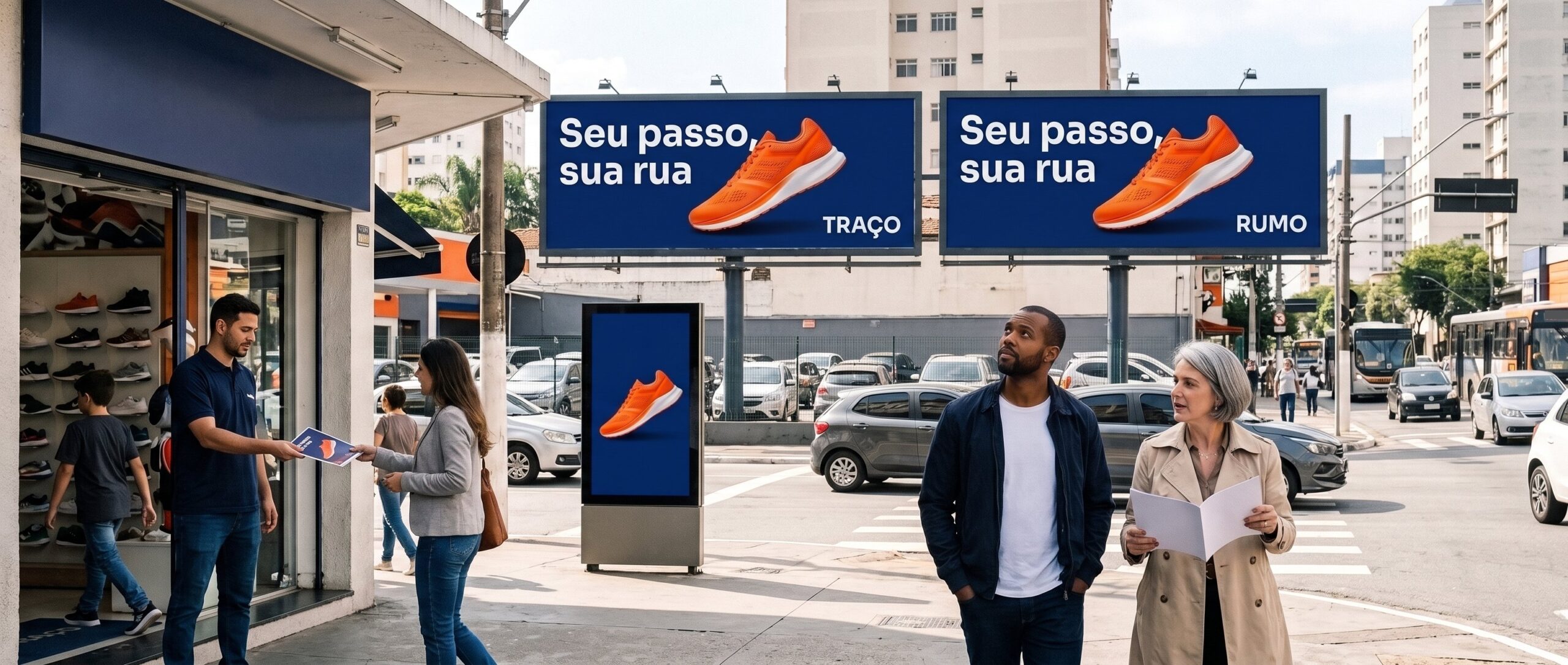 Dois outdoors quase iguais, com o mesmo slogan e o mesmo tênis, mas de marcas diferentes, numa avenida, enquanto a loja segue aberta e o dono olha os painéis ao lado da advogada, que lê uma carta na calçada.