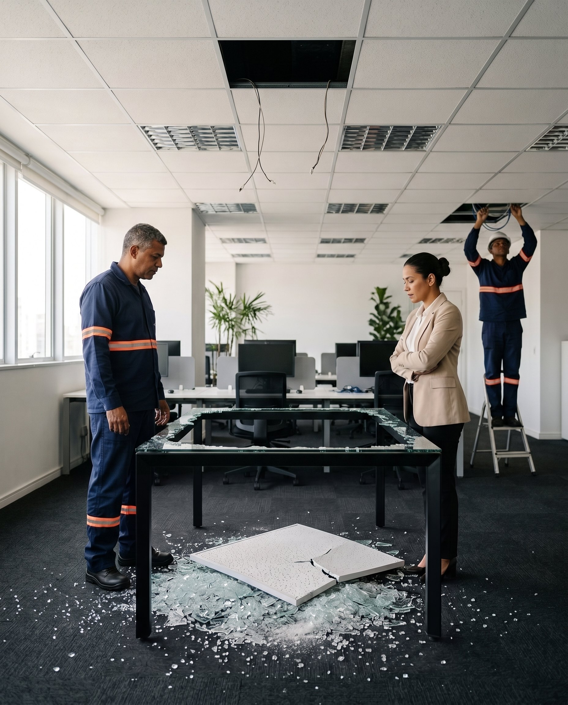 Supervisor de uma equipe de manutenção e a gestora de um escritório olham a mesa de vidro desfeita no chão, com a placa do forro caída sobre os cacos, enquanto outro técnico trabalha no teto.