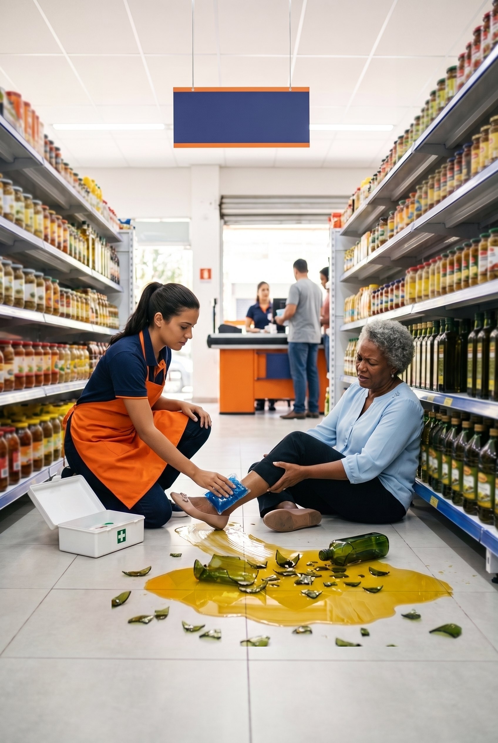 Funcionária de um supermercado põe gelo no tornozelo de uma cliente sentada no chão do corredor, ao lado da poça de azeite e da garrafa quebrada que caiu da prateleira.