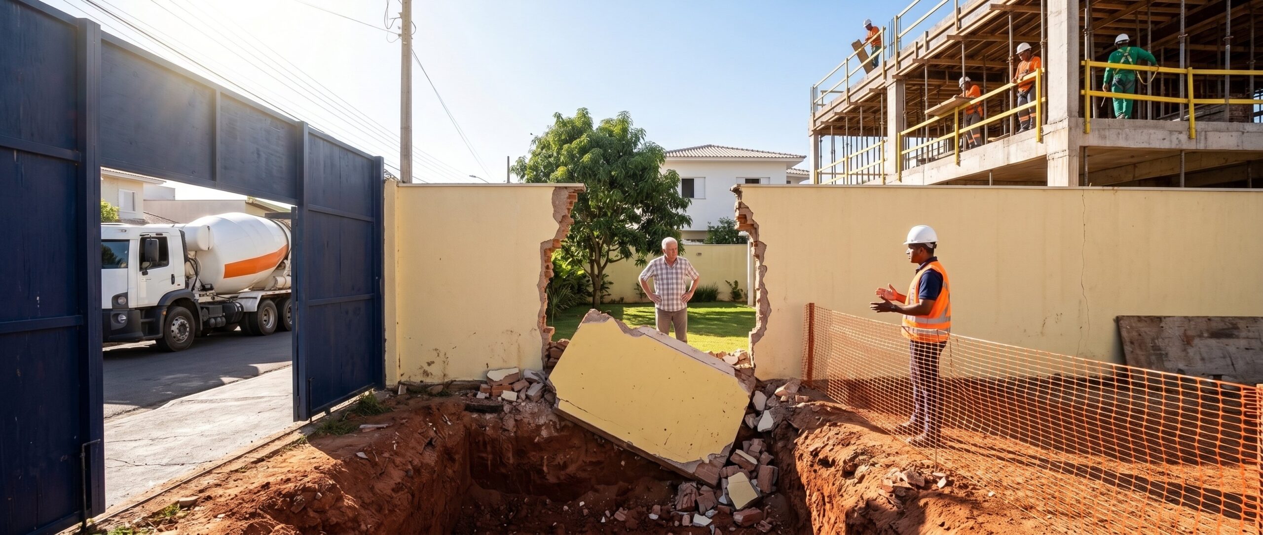 Um trecho do muro do vizinho caiu dentro da vala da obra ao lado; pelo vão, o vizinho conversa com o engenheiro da construtora enquanto operários seguem trabalhando no prédio.