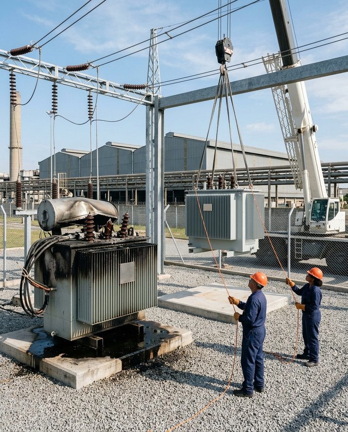 Transformador queimado da subestação de uma fábrica, com fuligem e óleo na base, ao lado do transformador novo descido por guindaste e guiado por dois eletricistas.
