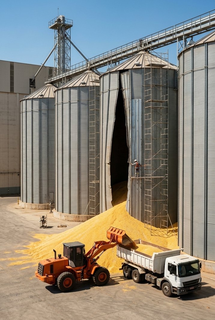 Silo de grãos com a chapa rompida e milho espalhado no pátio, sendo recolhido por uma pá carregadeira para um caminhão, com andaime montado para o conserto.