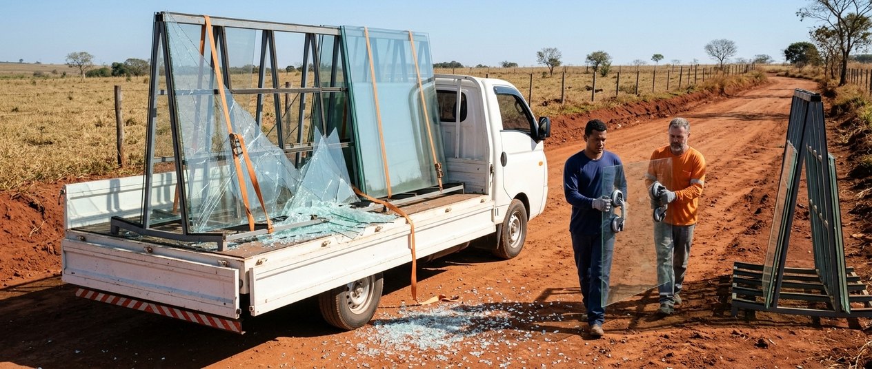 Chapas de vidro quebradas no cavalete de um caminhão parado em estrada de terra, e dois carregadores levando uma chapa inteira com ventosas para outro cavalete.