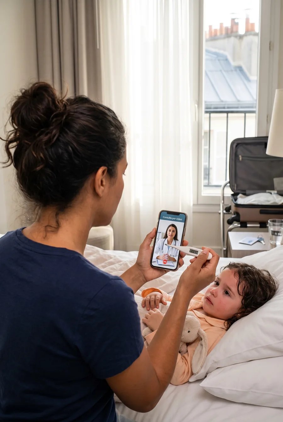 Mãe mostra o termômetro a uma médica em consulta por vídeo enquanto a filha com febre descansa no hotel